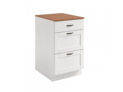 Armário bancada para cozinha com três gavetas na cor branco lavado com honey / coleção Alma